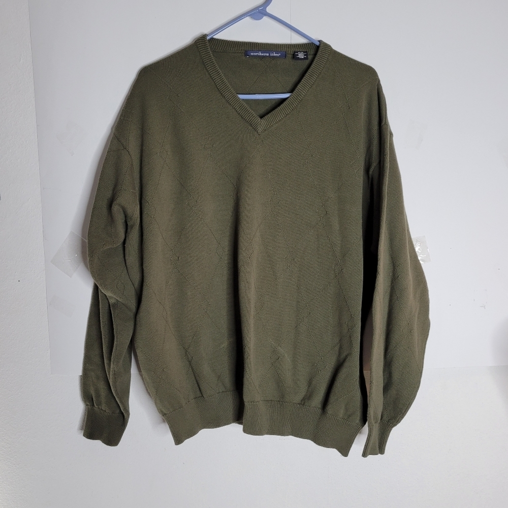Mens Northern Isle V neck Cotton Sweater Size Xl Olive Green
